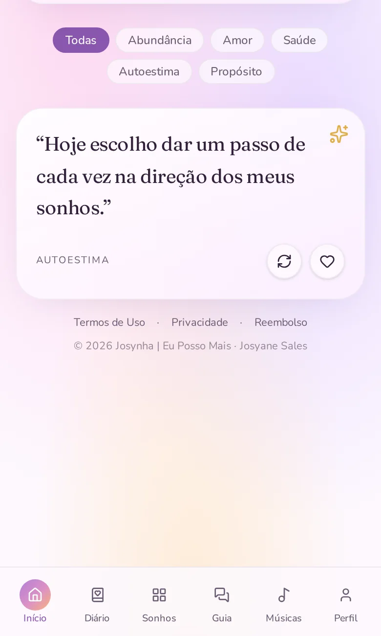 Tela real de afirmações do Josynha com uma frase de exemplo